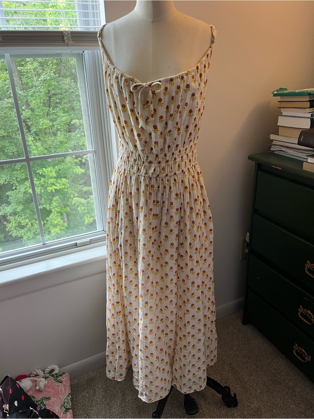 Madewell Women’s Cream Floral Midi Dress with Smocked Waist